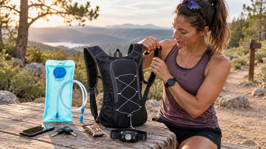 Coureur vérifiant un sac d’hydratation avant de l’acheter pour le trail