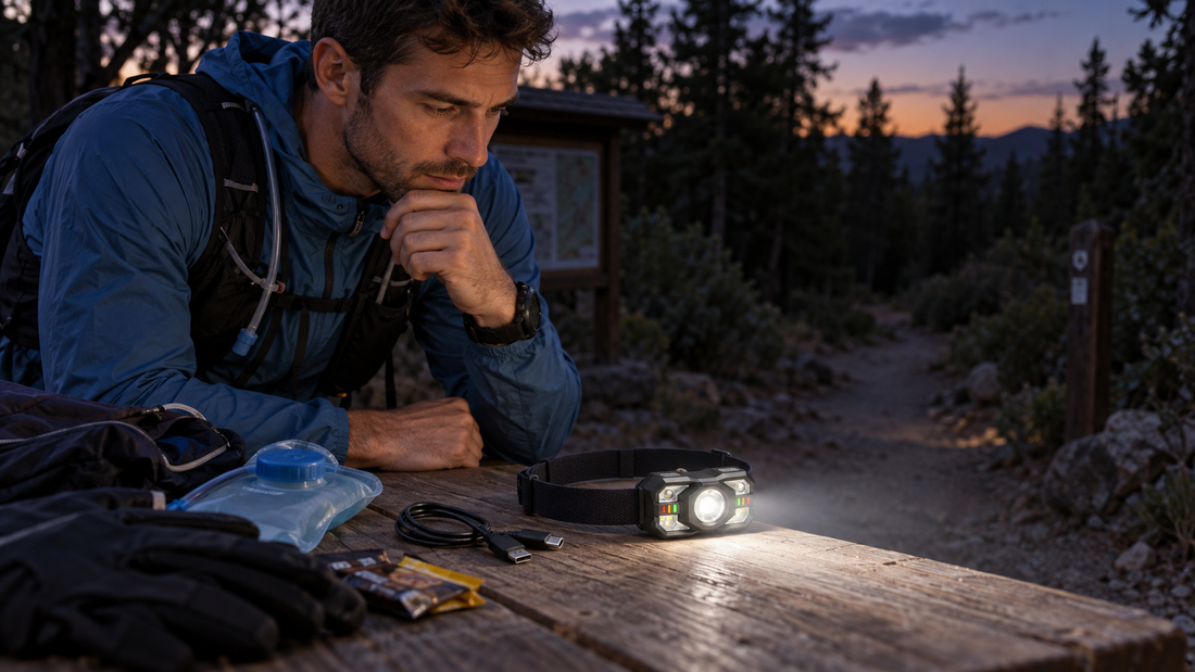 Coureur vérifiant les critères d’une lampe frontale avant une sortie trail