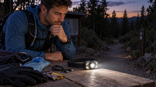 Coureur vérifiant les critères d’une lampe frontale avant une sortie trail