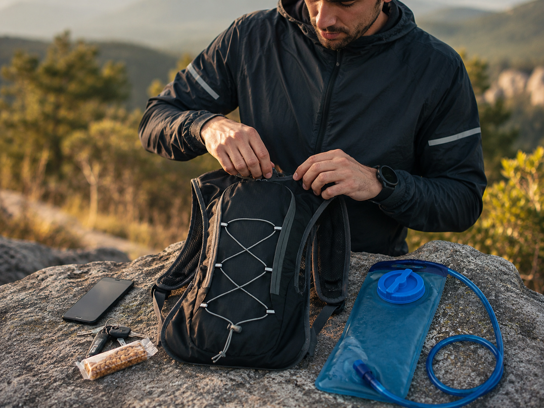 Sac d’hydratation trail avec poche à eau et petits essentiels avant une sortie