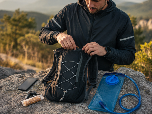 Sac d’hydratation trail avec poche à eau et petits essentiels avant une sortie