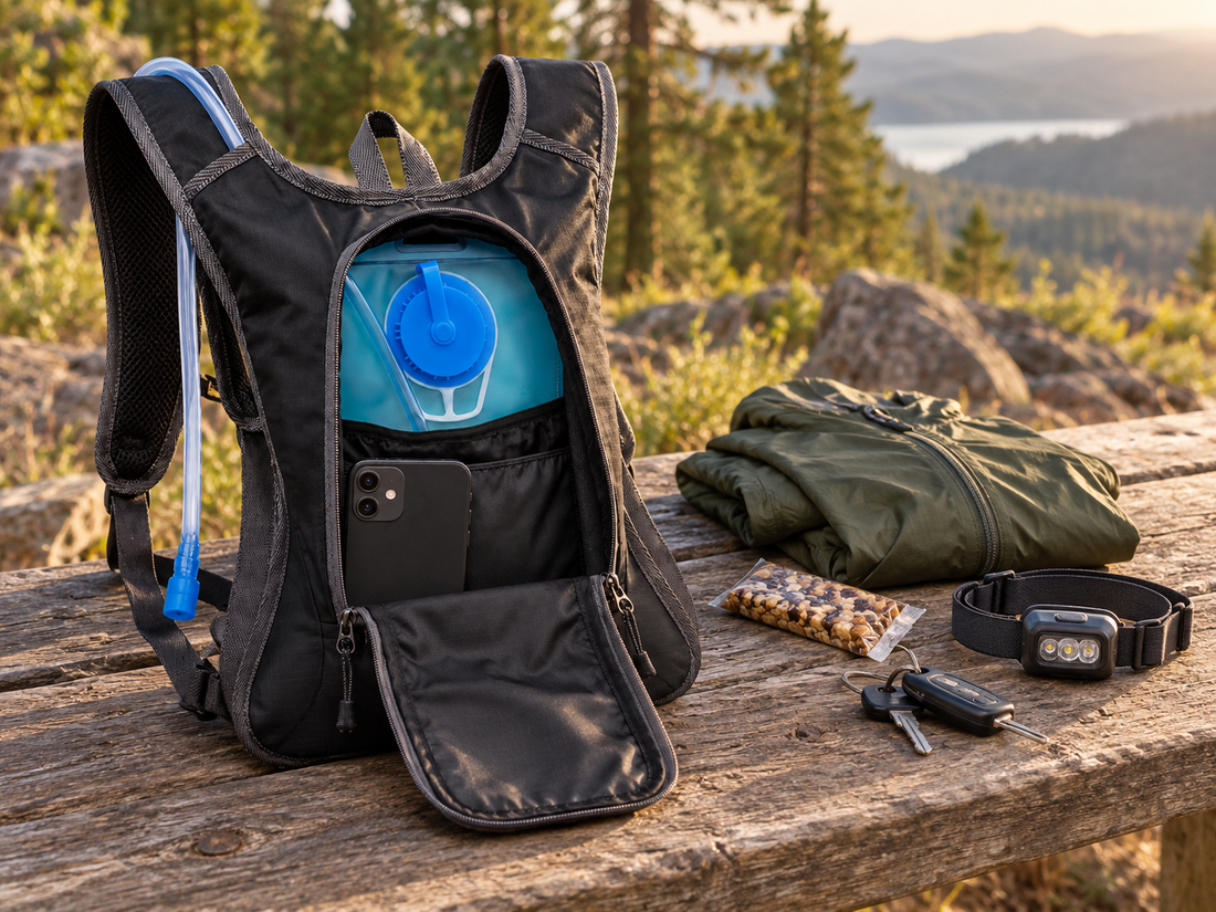 Sac d’hydratation avec eau et petits accessoires pour estimer le rangement nécessaire en trail